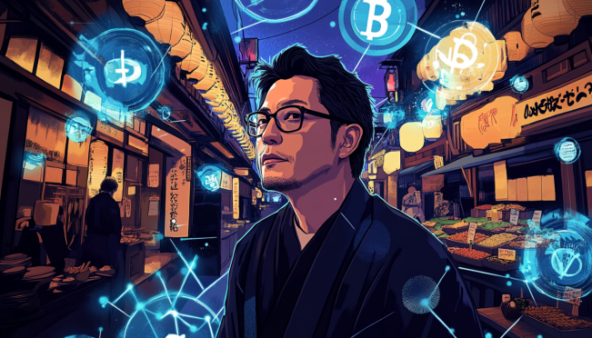 A dynamic and futuristic illustration of Shigeru Ishiba with digital blockchain and NFT symbols, set against a backdrop of traditional Japanese cultural elements like food and tourism scenes, showcasing the blend of technology and culture.