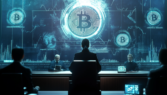 A courtroom scene with a judge issuing a Worldwide Freezing Order, Ruja Ignatova's image as a backdrop, and digital cryptocurrency symbols representing OneCoin.