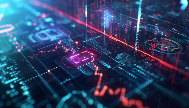 A futuristic financial landscape with digital tokens, blockchain symbols, and traditional financial assets like bonds and ETFs merging together, depicting the hybrid nature of tokenized financial assets.