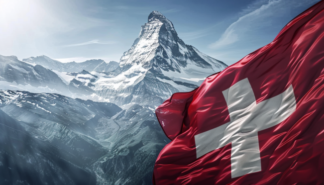 An image of the Swiss flag intertwined with Bitcoin symbols, representing the proposal to include Bitcoin in the Swiss National Bank's reserves, with the Swiss Alps in the background to symbolize stability and strength.