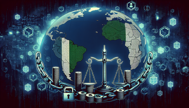 A global map highlighting Nigeria, Kenya, and the Interpol logo, with digital chains symbolizing extradition and justice scales superimposed on a cryptocurrency symbol background.