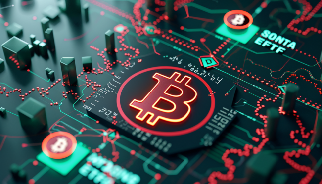 A detailed illustration showing a map of South Korea with a large red 'No' symbol over a bitcoin and ETF icon, contrasted with smaller icons of the USA, Hong Kong, and Australia showing green check marks and crypto ETF symbols, symbolizing the global contrast in crypto ETF policies.