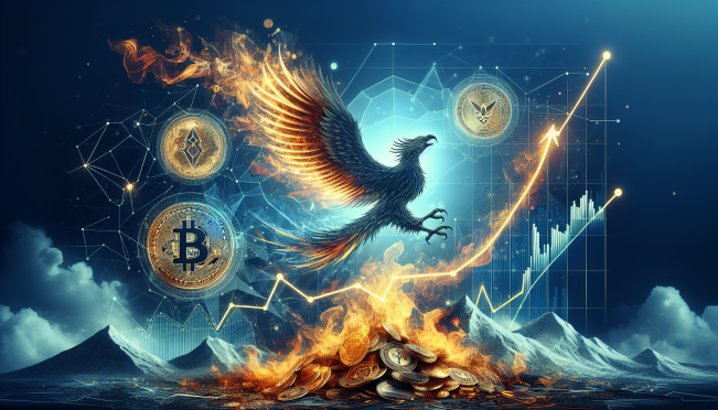 A dynamic and visually engaging illustration showcasing elements of hope, recovery, and financial compensation. Include symbols representing cryptocurrency, a phoenix rising from ashes to symbolize FTX's recovery plan, and graphical representations of increasing financial returns.