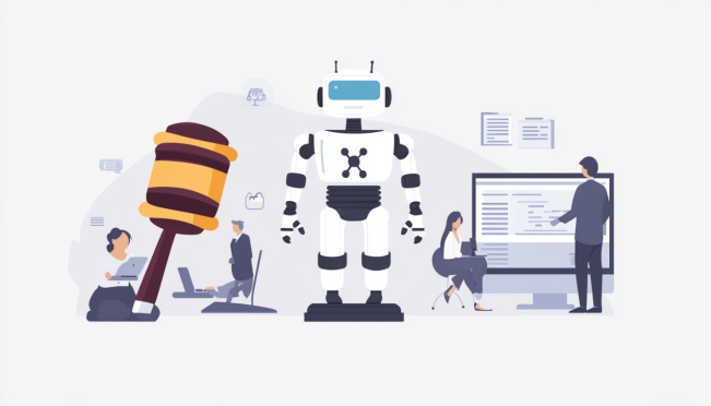 A diverse set of AI-related imagery including a gavel symbolizing legal action, a robot dressed as a lawyer, and frustrated consumers in front of computers, representing the themes of deception and enforcement.