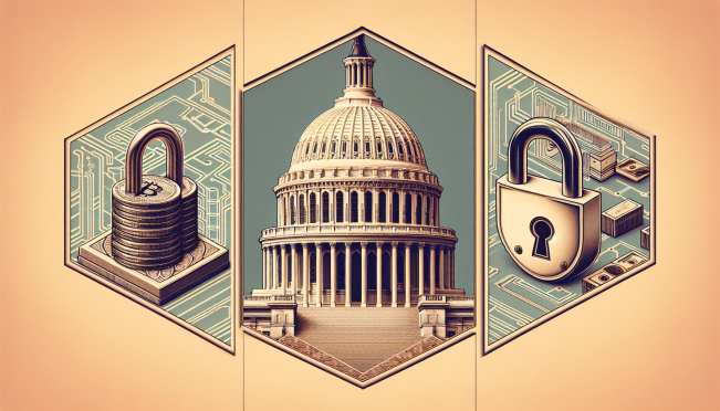 A collage of Capitol Hill, a digital lock symbolizing privacy, and the Ethereum logo, representing the balance between government regulation and cryptographic privacy in the cryptocurrency space.