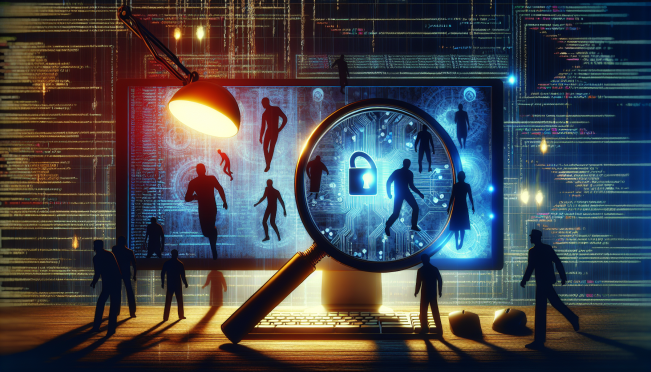 A digital artwork showing a magnifying glass over a computer screen displaying code, with shadowy figures in the background trying to reach through the screen, symbolizing the lurking danger of phishing campaigns in the cryptocurrency space.