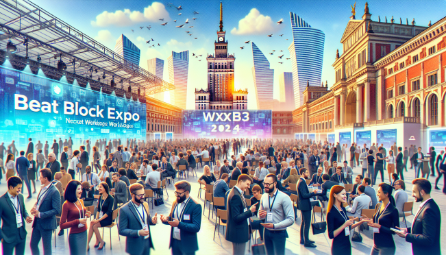 A bustling conference hall filled with people networking, prominent speakers on stage discussing blockchain trends, and interactive workshops on web3 technologies, set against the backdrop of Warsaw, Poland, to capture the essence of Next Block Expo 2024.