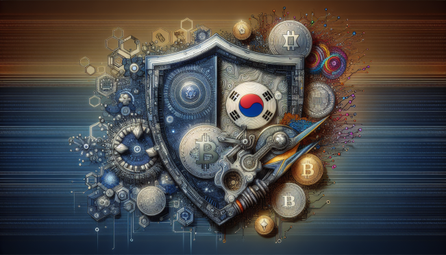 A visual representation of digital security with crypto elements, showing a shield protecting digital coins and data, symbolizing protection and regulation in South Korea's crypto market.