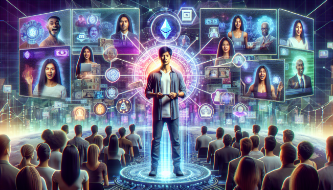 A futuristic digital landscape showcasing a content creator surrounded by blockchain links and digital rewards, with a backdrop of engaged viewers on screens and interactive GameFi elements.