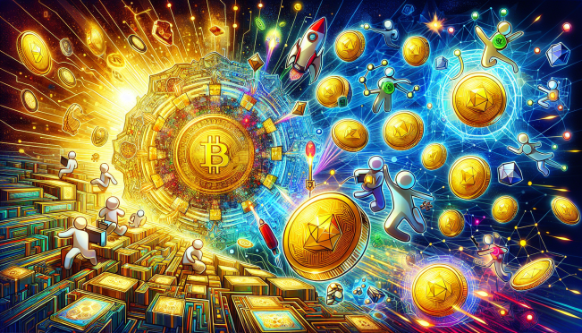 A vibrant digital artwork featuring elements of crypto gaming, including coins with gaming symbols, characters from popular crypto games, and a background that hints at a digital, blockchain-based world. The image should capture the essence of revival and excitement in the crypto gaming sector.