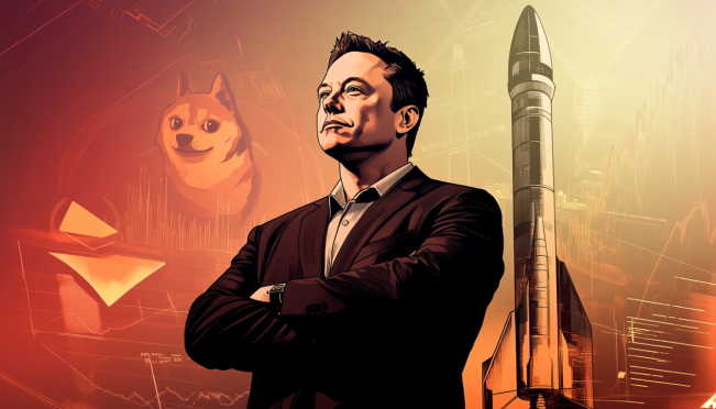 Elon Musk standing confidently with a SpaceX rocket and a Dogecoin symbol in the background, courtroom sketches showing the judge and legal documents, all set against a backdrop of fluctuating cryptocurrency price charts.