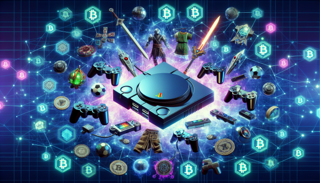 A PlayStation console surrounded by digital assets like skins and weapons, all enveloped in blockchain symbols