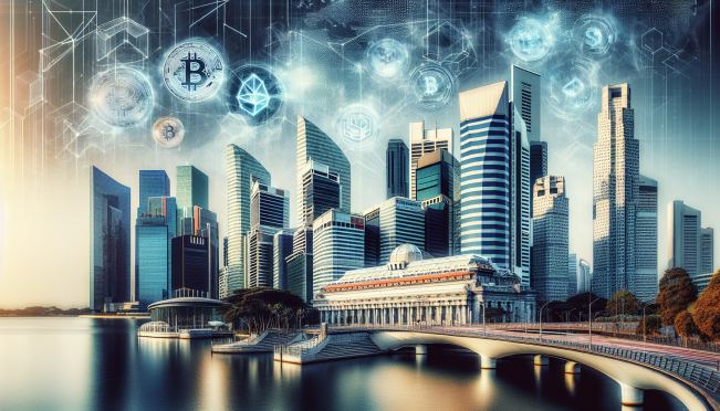 A modern cityscape representing Singapore's skyline, with digital blockchain symbols and crypto coins floating above, symbolizing the city-state's integration of blockchain innovation and digital asset regulation.