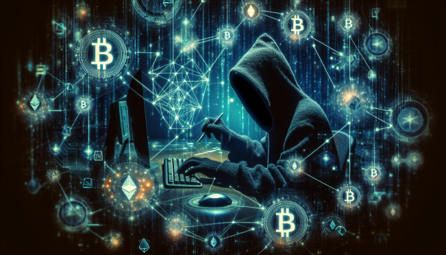 An image featuring a dark, shadowy figure working on a computer with a background of digital assets like Bitcoin and Ethereum symbols floating around. The scene should evoke a sense of secrecy and high-tech cybercrime.