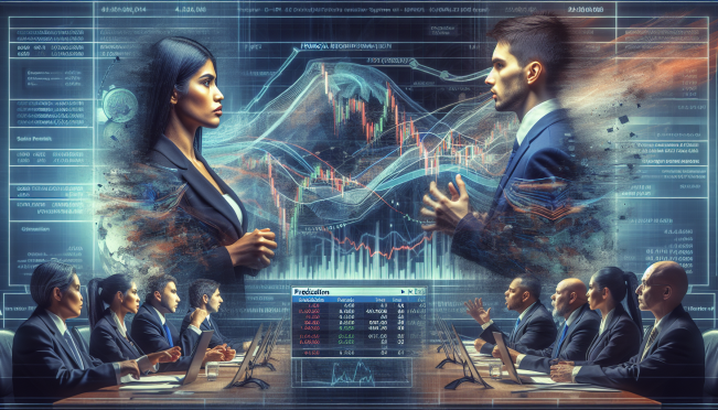 A vibrant debate scene with Kamala Harris and Donald Trump on stage, a fluctuating Bitcoin graph in the background, and Polymarket prediction stats overlayed. Include Bloomberg Terminal interface displaying Polymarket odds.