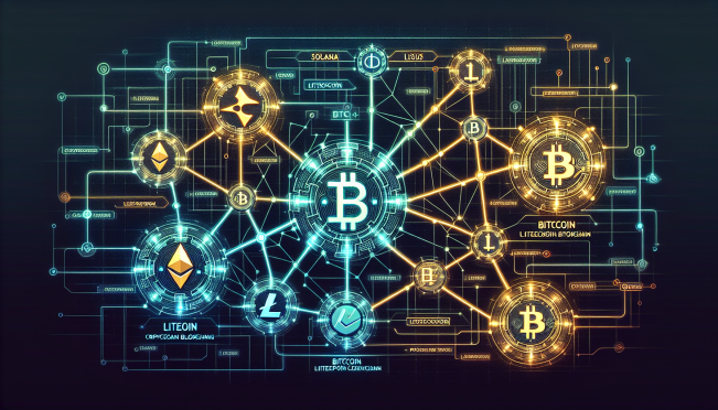 A digital illustration showing interconnected nodes representing Zeus Network bridging Solana, Bitcoin, Litecoin, and Dogecoin blockchains, with a futuristic and technological theme