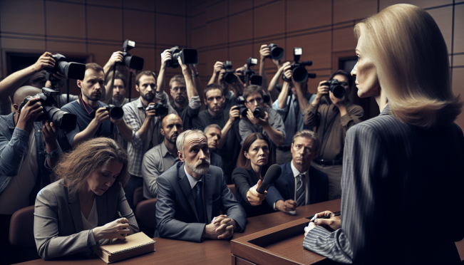 A tense courtroom scene with Caroline Ellison at the stand, surrounded by media attention, reflecting the intense scrutiny and varied public opinions on her potential sentencing.