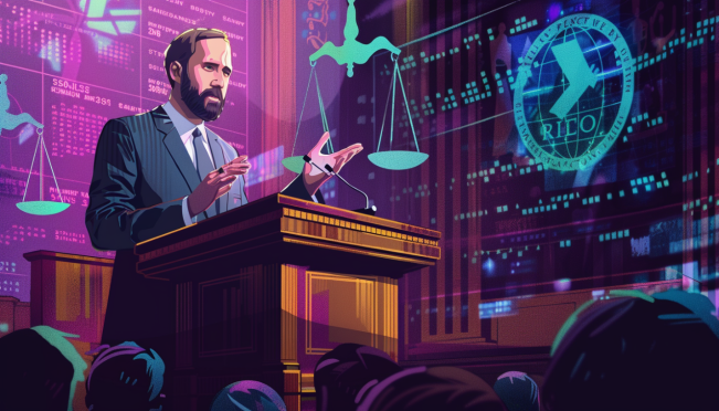 A professional conference setting with Brad Garlinghouse speaking at a podium. Background elements include Ripple and SEC logos, with a calendar highlighting summer months and September 21. Add subtle visual cues of legal documents and court symbols.