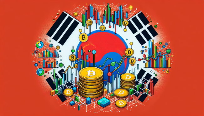 An image illustrating the concept of spot bitcoin ETFs within the South Korean flag colors, featuring symbols of finance and cryptocurrency like graphs, coins, and the Democratic Party's emblem.