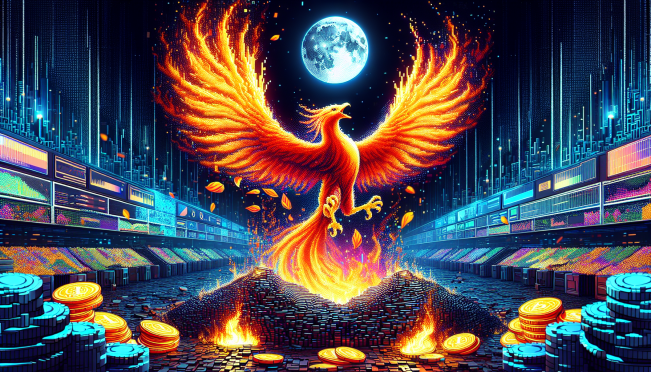 A dynamic and vibrant image showing a large, fiery phoenix rising from digital ashes, symbolizing Binance's massive token burn event with Terra Luna Classic tokens morphing into a rejuvenated ecosystem, all set against a backdrop of a bustling, futuristic crypto market scene.