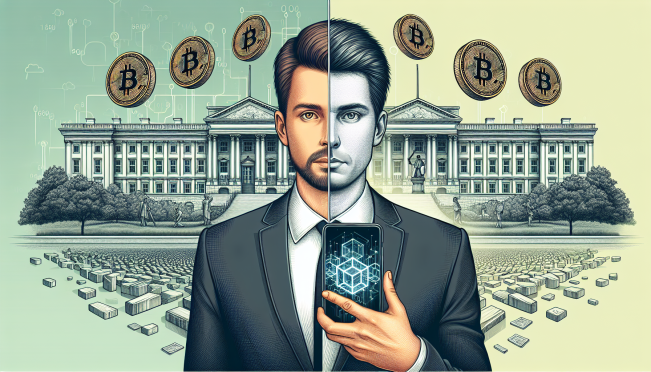 A digital illustration depicting a split screen. On one side, Martin Shkreli holding a smartphone with blockchain symbols. On the other side, Donald Trump with the White House in the background, and tokens with the DJT symbol floating around.