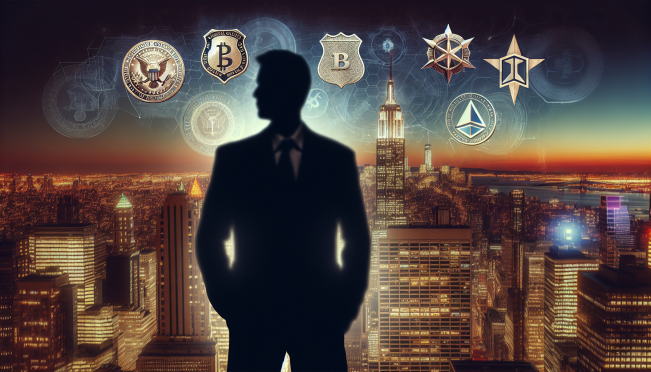 A bustling New York City skyline with a shadowy figure of Mayor Eric Adams in the foreground. An overlay of FBI badges and cryptocurrency symbols in the background, highlighting the themes of political scandal and crypto advocacy.