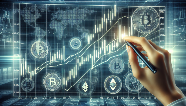 financial charts with upward trend, cryptocurrency symbols in the background