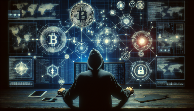 An image depicting a cyber hacker compromising social media accounts, with elements relating to the Trump family and cryptocurrency, including digital tokens and blockchain imagery.