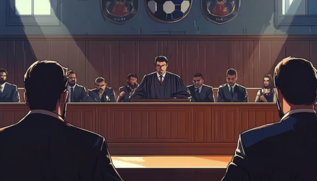 A courtroom scene with a judge, representatives of a blockchain-based fantasy football game, and football cards. The backdrop includes iconic football teams like Atlético de Madrid, Sturm Graz, and AC Milan.