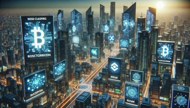 A futuristic cityscape of Dubai with crypto-related billboards displaying clear risk disclaimers, emphasizing volatility and potential value loss, set against a backdrop of modern skyscrapers and digital elements representing blockchain technology.