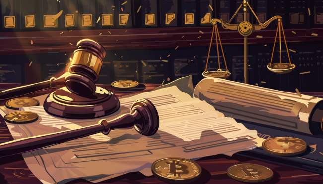 A courtroom scene with a gavel, forged documents, and digital elements representing Bitcoin. The image should convey a sense of deception and legal scrutiny, with subtle hints of technological evidence.