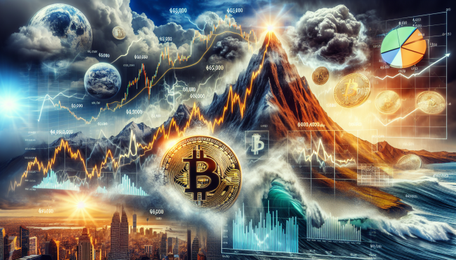 A visually dynamic representation of Bitcoin's surge to $65,000 with elements showing the weakening US Dollar Index, market volatility, and cryptocurrency charts.