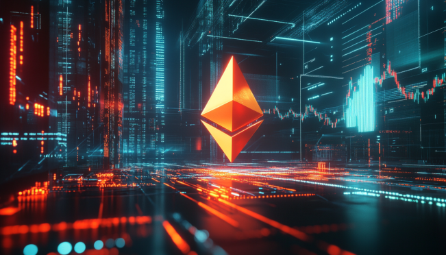 A dynamic scene of the Ethereum logo rising from a dip with Tron founder Justin Sun making a significant purchase. Background elements should include stock market charts, institutional investors, and Ethereum ETFs.