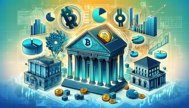 A dynamic illustration showing a large bank (Morgan Stanley) investing in Bitcoin, with a backdrop of financial graphs and Bitcoin symbols. Include logos of other banks like JP Morgan Chase and UBS to represent institutional interest.