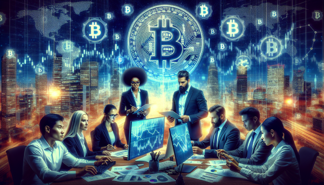 A dynamic and visually diverse image representing Bitcoin ETFs, featuring financial advisors analyzing data and charts, with a background of Bitcoin symbols and a futuristic cityscape.