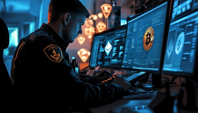 A Swedish police officer analyzing cryptocurrency data on a computer screen, with images of blockchain networks, Bitcoin logos, and tax documents in the background.