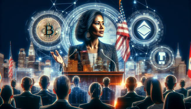 A dynamic and futuristic image of Kamala Harris speaking at The Economic Club of Pittsburgh, with visual elements representing blockchain, AI, Bitcoin as modern gold, and the U.S. flag in the background.