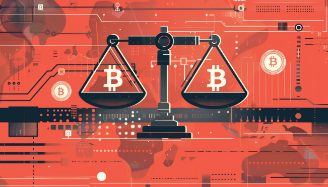 An illustration combining elements of justice scales, code snippets, and cryptocurrency symbols, highlighting the defense of a developer against legal charges, with a backdrop suggesting both legal and digital themes.