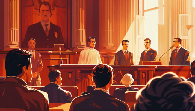 A courtroom scene with a relieved fintech team on one side and a stern regulatory body on the other, symbolizing the legal battle and its impact on the fintech industry.