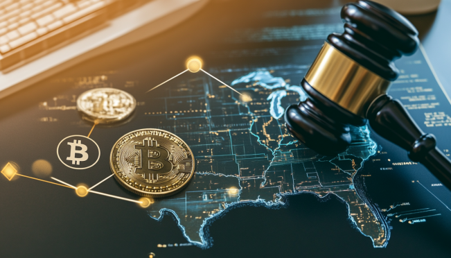 A visual representation of New Jersey regulators warning investors, with cryptocurrency symbols, a map of the United States highlighting New Jersey, and an image of a gavel symbolizing legal action.