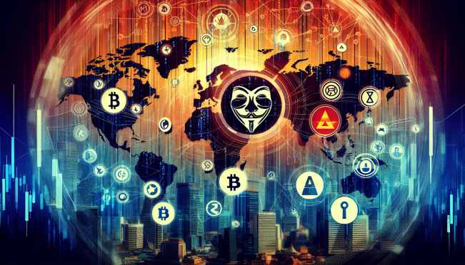 A digital art piece showcasing a symbolic representation of North Korea's cyberattacks on global cryptocurrency firms, featuring a blend of digital currency symbols and North Korean iconography against a backdrop of global financial markets.