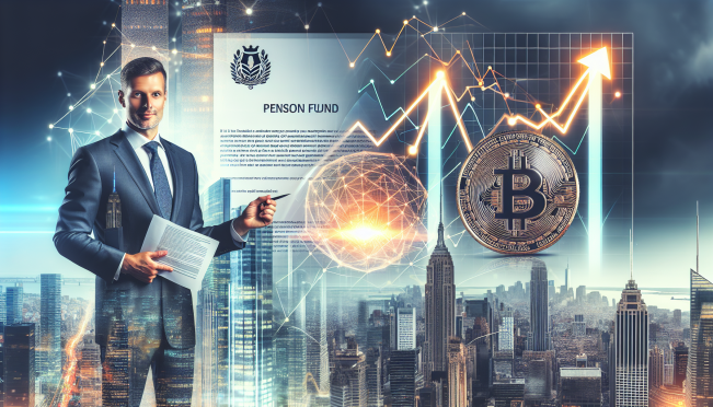 A dynamic cityscape of Jersey City with Mayor Steven Fulop holding a Bitcoin symbol, a pension fund document with SEC logo, and a Bitcoin ETF graph showing upward trend in the background.