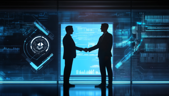 A dynamic crypto exchange office with GOPAX logo, a bank official shaking hands with a GOPAX representative, and a background featuring digital assets and regulatory documents.