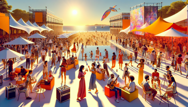 A vibrant and dynamic Web3 event in Lisbon featuring NFTs, meme tokens, Ordinals, AI movie awards, and beach parties. The scene should include diverse groups of people engaging in art, fashion shows, gaming contests, and lively beach parties under the sunny Lisbon sky.