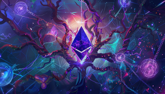 An illustration showing Ethereum's logo at the center with various Layer 2 chains branching out, depicting growth and complexity. Include visual elements representing liquidity fragmentation and DeFi activities.