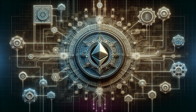 A futuristic blockchain network with interconnected nodes, highlighting the Aave logo prominently, set against a backdrop symbolizing growth and innovation in the DeFi space. Include visual elements representing Ethereum and other blockchain layers.