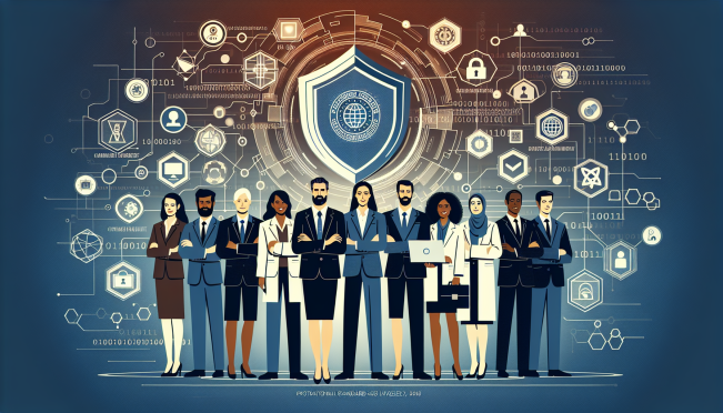 Illustration of diverse professionals coming together to form a shield, symbolizing a united front against cybersecurity threats, with the NIST logo and digital elements in the background