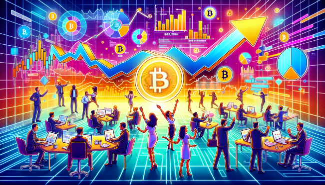 An image depicting a bullish Bitcoin market with charts showing upward trends, traders analyzing data, and Bitcoin symbols. The background should reflect a vibrant and energetic market atmosphere, symbolizing optimism and momentum.