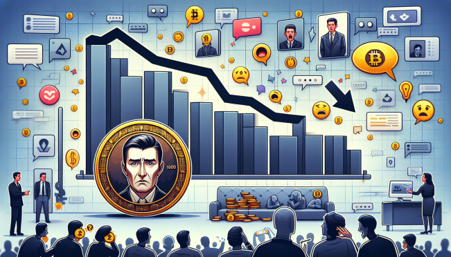 A visual representation of a crashing graph with a Trump-themed token in the foreground, surrounded by a chaotic crypto market scene. Include elements of social media posts and investor reactions in the background.