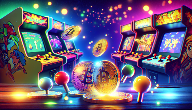 cryptocurrency coins with arcade games background